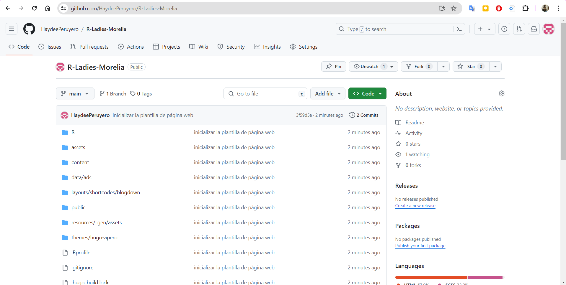 Screenshot: primer commit en GitHub